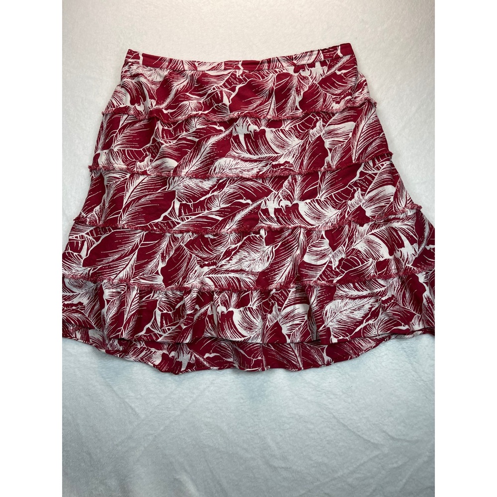 Studio West Tiered Skirt Women XL Red Coastal Palm Linen Blend Frayed Resort